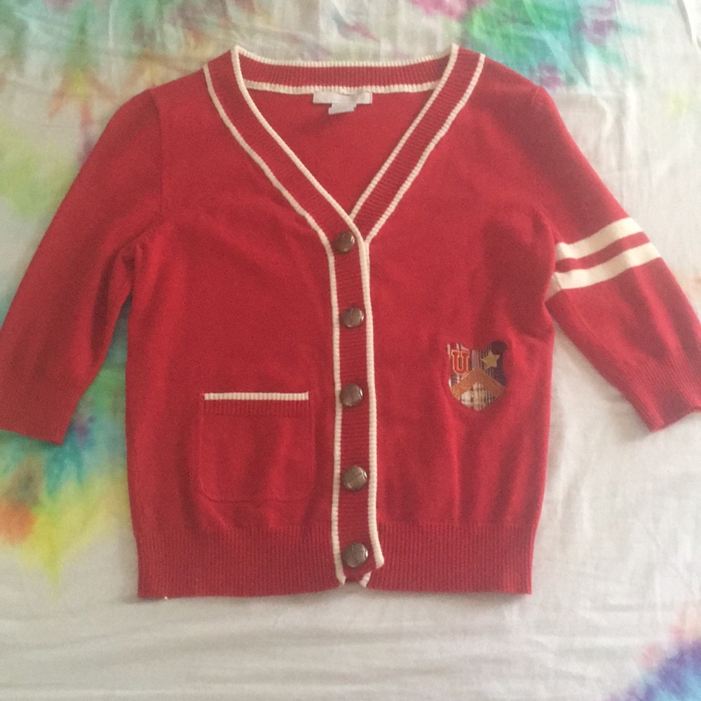 Red university style cropped cardigan M